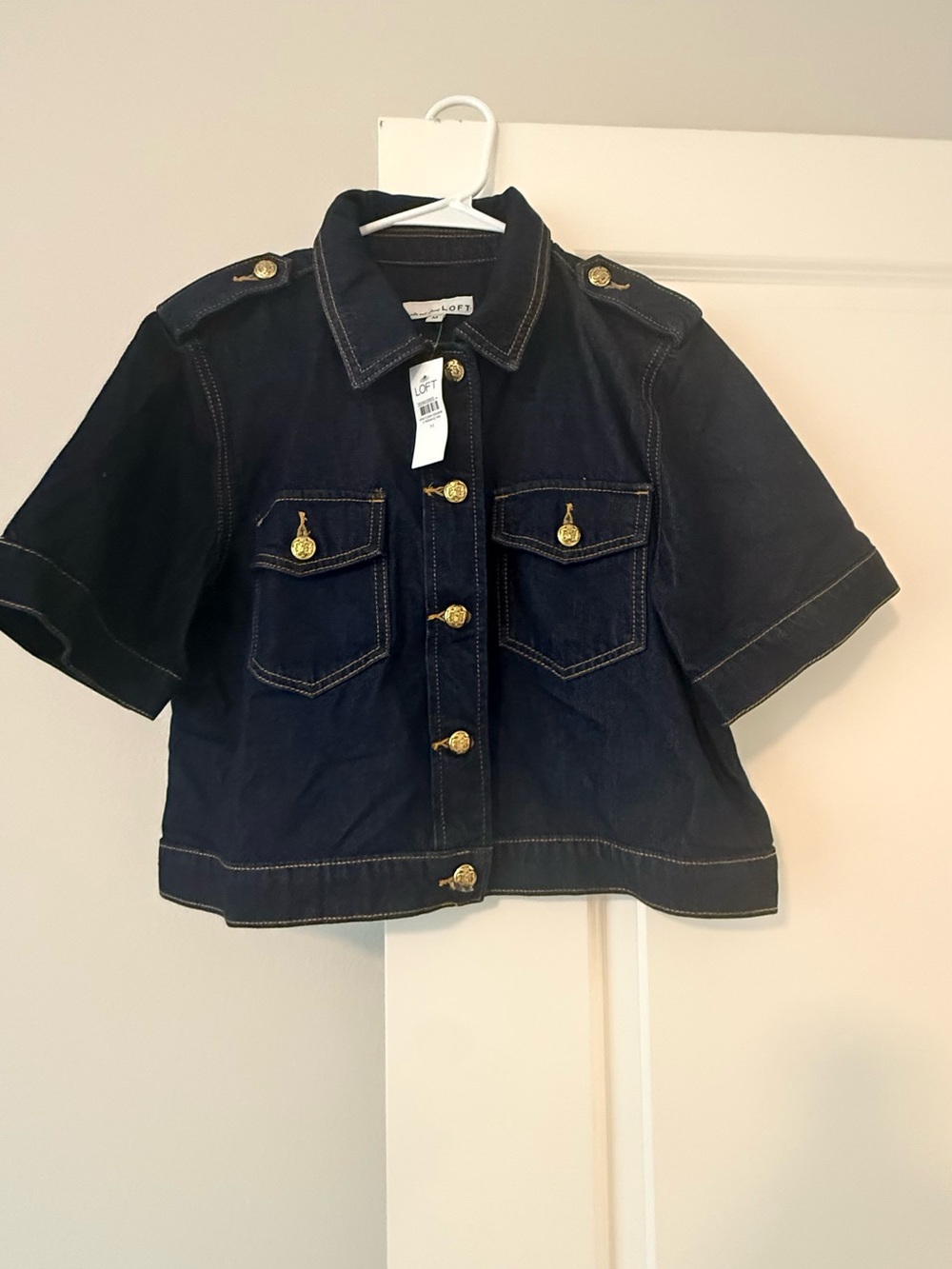 LOFT Black Short-Sleeve Jean Jacket with Gold Buttons - Picture 8 of 14